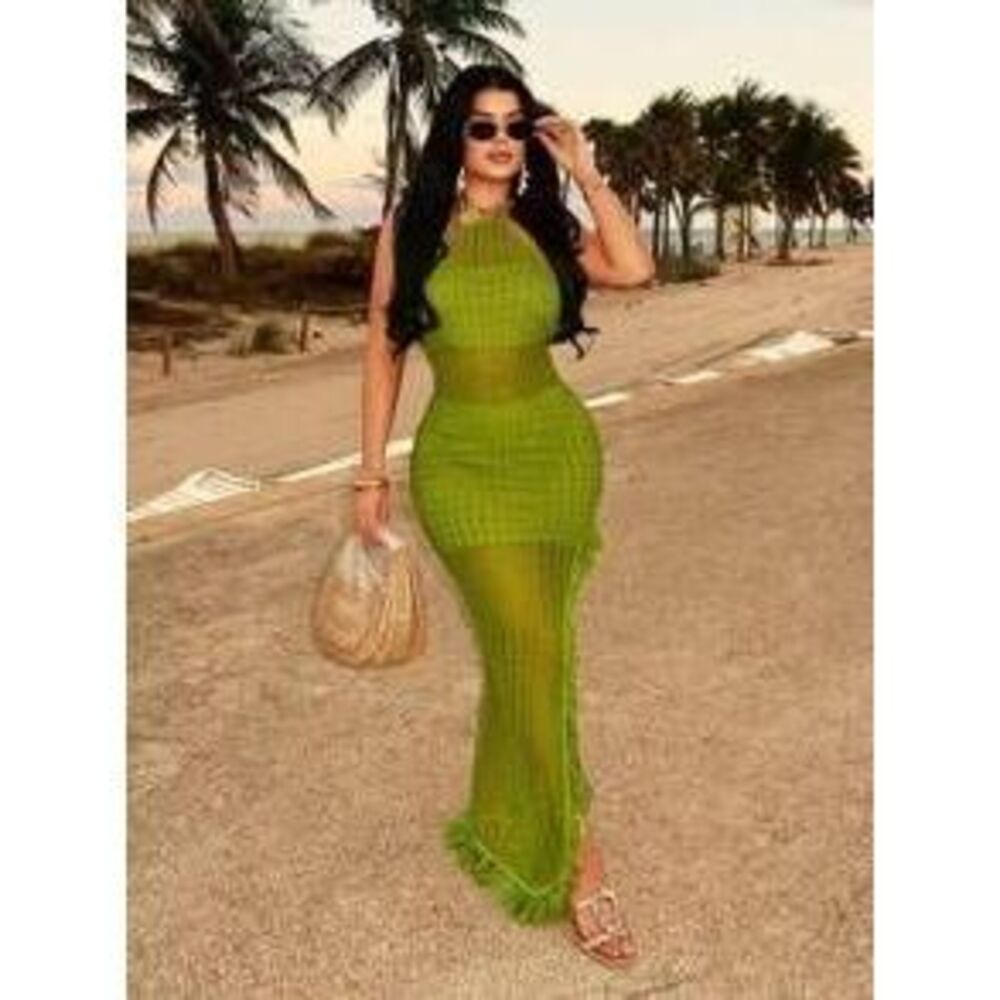SHEIN SXY Lime Green Crochet Wavy Pattern High Split Dress,Halter Backless Tass…